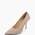 Pantofi Stiletto eleganti , piele intoarsa, bej cu toc argintiu