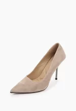 Pantofi Stiletto eleganti , piele intoarsa, bej cu toc argintiu