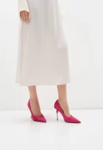 Pantofi Stiletto fucsia , piele intoarsa, cu toc