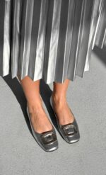 Balerini dama eleganti, piele naturala ,argintiu cu accesoriu pietre - imagine 2
