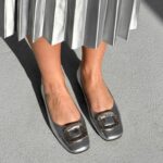 Balerini dama eleganti, piele naturala ,argintiu cu accesoriu pietre