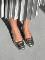 Balerini dama eleganti, piele naturala ,argintiu cu accesoriu pietre
