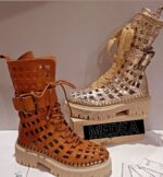 Bocanci dama , perforati , piele naturala , maro - imagine 2