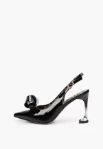 Pantofi  decupati, piele lacuita cu accesoriu , negri c-162 - imagine 6