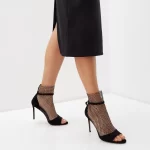 Sandale dama elegante , piele intoarsa,  accesoriu plasa cu pietre , negre