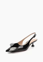 Pantofi  decupati, piele lacuita cu accesoriu , negri - imagine 4