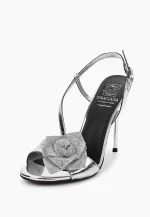 Sandale dama elegante , piele naturala,  accesoriu funda de pietre , argintiu