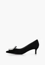 Pantofi Stilett , piele intoarsa, negri cu accesoriu metalic argintiu - imagine 4