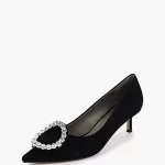 Pantofi Stilett , piele intoarsa, negri cu accesoriu metalic argintiu