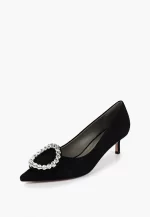 Pantofi Stilett , piele intoarsa, negri cu accesoriu metalic argintiu