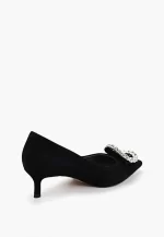 Pantofi Stilett , piele intoarsa, negri cu accesoriu metalic argintiu - imagine 2