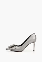 Pantofi Stiletto eleganti, piele naturala, gri metalizat, accesoriu metalic cu pietre - imagine 4