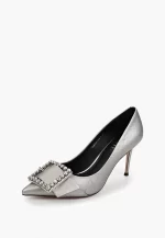 Pantofi Stiletto eleganti, piele naturala, gri metalizat, accesoriu metalic cu pietre