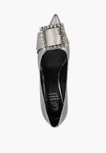 Pantofi Stiletto eleganti, piele naturala, gri metalizat, accesoriu metalic cu pietre - imagine 3