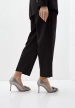 Pantofi Stiletto eleganti, piele naturala, gri metalizat, accesoriu metalic cu pietre - imagine 5
