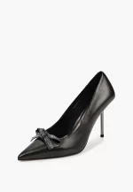 Pantofi Stiletto eleganti , piele naturala, negru sidefat(auriu) cu accesoriu