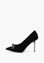 Pantofi Stiletto eleganti, piele intoarsa, negri cu accesoriu, - imagine 6