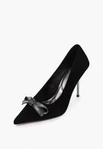 Pantofi Stiletto eleganti, piele intoarsa, negri cu accesoriu, - imagine 3