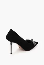Pantofi Stiletto eleganti, piele intoarsa, negri cu accesoriu, - imagine 4