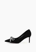 Pantofi Stiletto eleganti , piele intoarsa, negri cu funda argintie - imagine 5