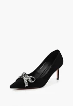 Pantofi Stiletto eleganti , piele intoarsa, negri cu funda argintie