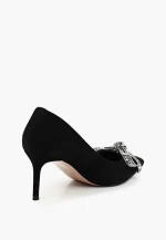 Pantofi Stiletto eleganti , piele intoarsa, negri cu funda argintie - imagine 3