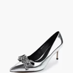 Pantofi Stiletto eleganti, piele lucioasa cu funda, argintii