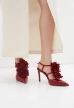 Pantofi decupati, accesoriu floare, bordo
