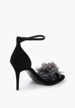 Sandale negre, piele intoarsa, accesoriu floare - imagine 3