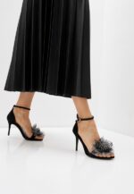 Sandale negre, piele intoarsa, accesoriu floare