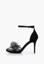 Sandale negre, piele intoarsa, accesoriu floare - imagine 2