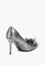 Pantofi argintii, accesoriu floare, piele naturala satinata - imagine 3