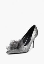 Pantofi argintii, accesoriu floare, piele naturala satinata - imagine 2