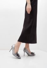 Pantofi argintii, accesoriu floare, piele naturala satinata