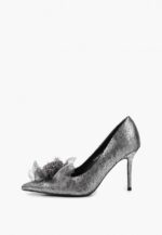 Pantofi argintii, accesoriu floare, piele naturala satinata - imagine 6