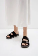 Saboti dama, piele intoarsa, accesoriu pietre