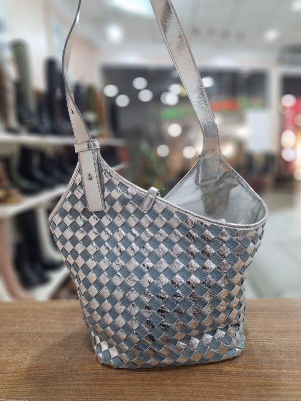 Geanta de umar din material textil(denim) si piele cu aspect metalic lucios - imagine 7