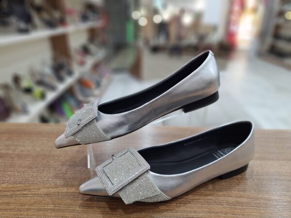 Balerini argintii cu varf ascutit din piele naturala cu aspect lucios c-39 - imagine 6