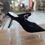 Saboti negri, piele intoarsa, bareta decorata cu o catarama patrata din strasuri c-497